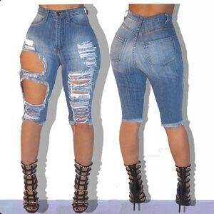 Denim Skinny Ripped High Waist Shorts Small